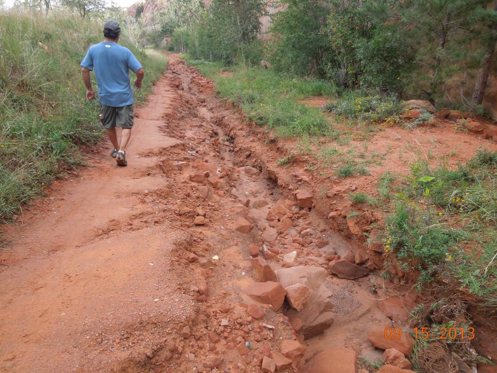 This trail was destroyed by the flood, causing many to change their usual exercise routines. 
