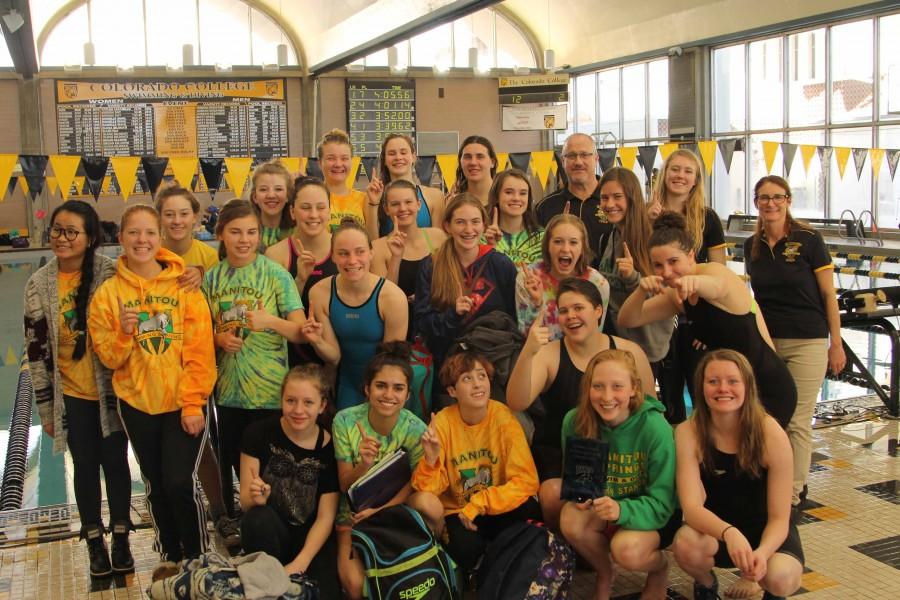 The team poses for a photo after winning Tri-Peaks League. Coach Roy Chaney said that this is possibly the best swim and dive team Manitou Springs High School has ever had. 