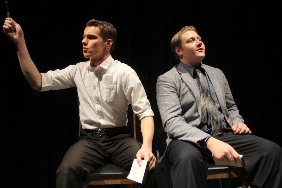 Tyler Doherty (10) and Nathan Plush (11) perform in the Fall Play The Real Inspector Hound.
