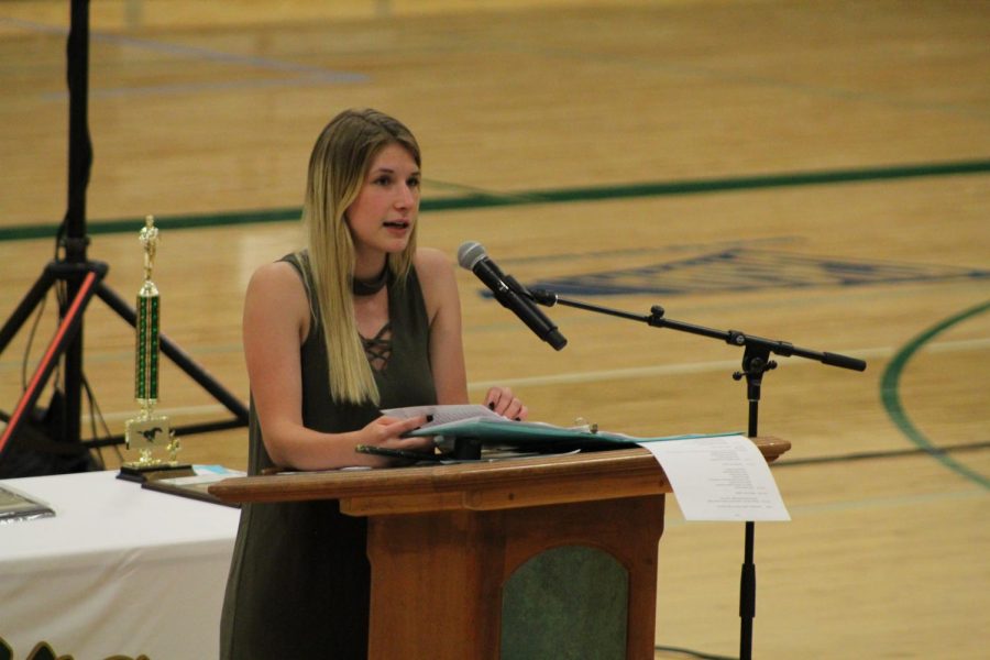 Amanda Nagel (12) says her final speech to the student body. She has made an impact on the student body by making them accomplish things over the year. 