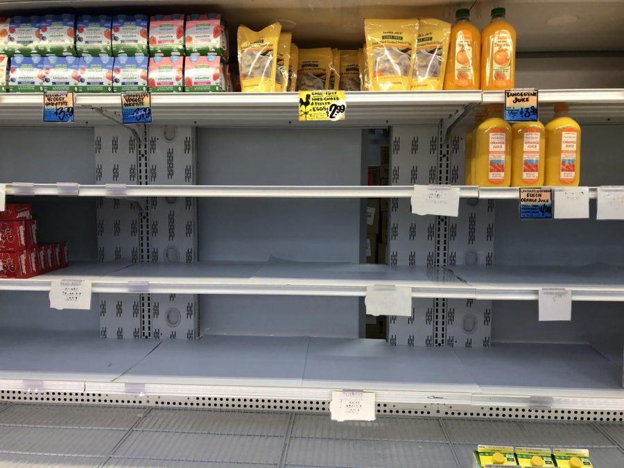 People stock up on juices and milk due to the fear of quarantine from COVID-19.