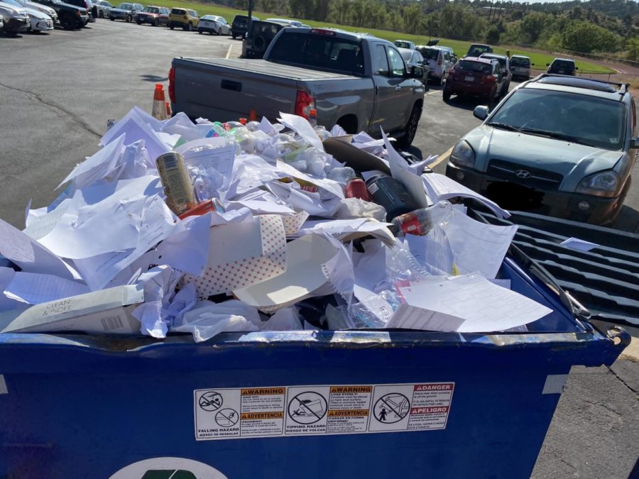 The full recycling bin in the MSHS parking lot after Thursday recycling.