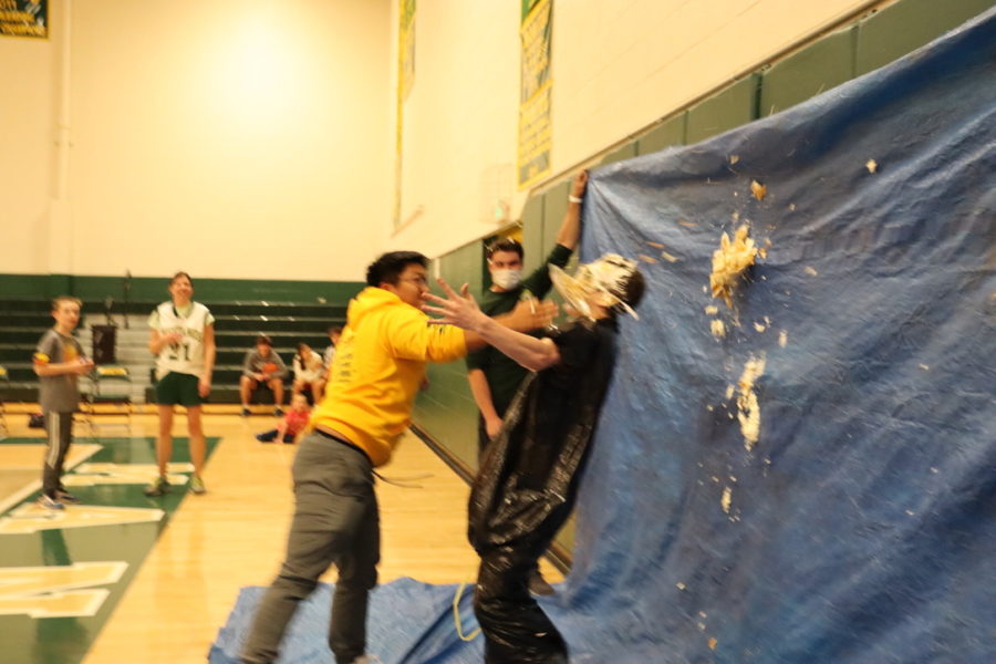 Nian Crouch (12) was selected from the raffle to pie Jackson Dunlap (12) in the face. 