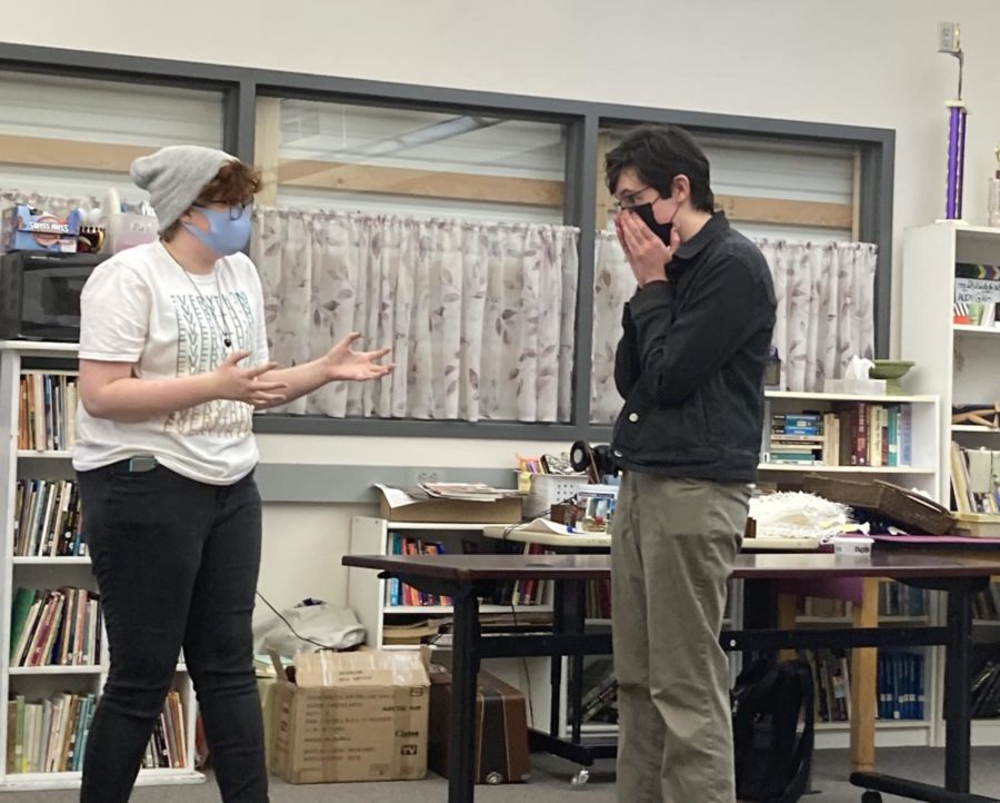 Evelyn Clark (9) and Ethan Anderson (10) perform a murder mystery scene at a MPAC meeting this January.