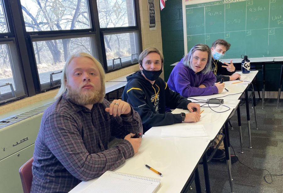 Seniors Connor OBrien, Jaxen and Jason Sellers and Atticus Baker study for a Knowledge Bowl competition.  Knowledge Bowl practices during lunch in Mrs. Gardners room on Wednesdays and Fridays.