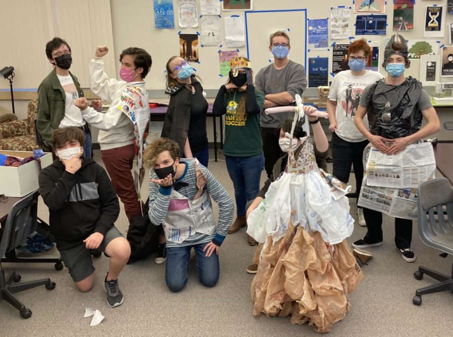 Ethan Anderson (10), Gabriel Cisneros (9), Kai Jacobson (10), Elsa Baker (10), Dalton Gates (10), Elanor Fugate (11), August Tribble (11), Asher Evans (11), Evelyn Clark (9) and Atticus Baker (12) pose with their recycled costumes at a MPAC meeting.
