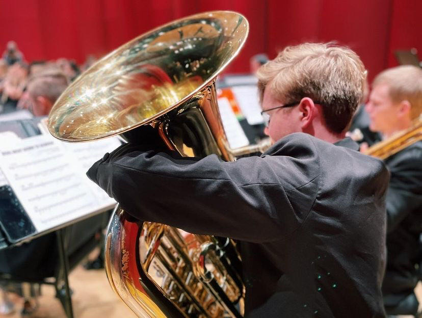 Anton Akse (12), principal chair tuba, focuses on how his instrument sounds in the concert hall as opposed to the rehearsal space.