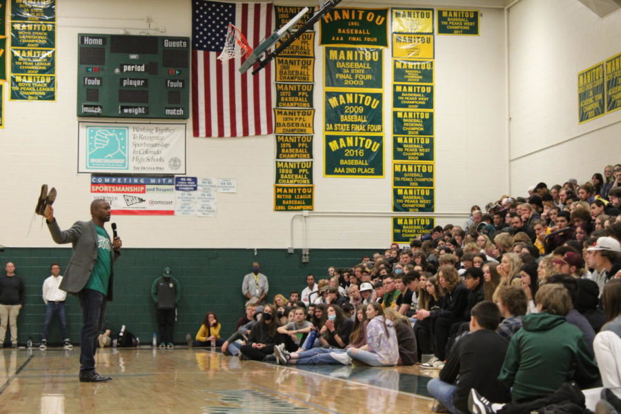 Youth Motivational Speaker, Laymon Hicks, speaks to Manitou Springs High School students and staff about the hard work it takes to develop a strong school culture. 