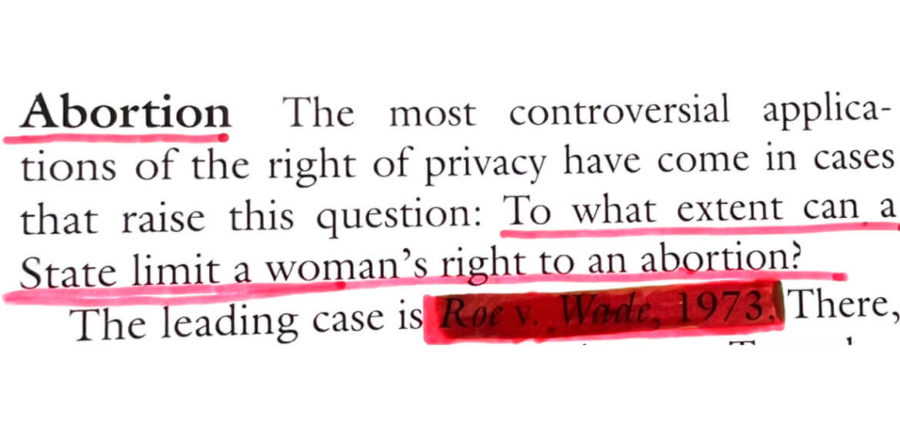A paragraph from Magruders American Government History book by William A. McClenaghan, in section 1.C, Right of Privacy  reports about the historical Roe v. Wade court case.