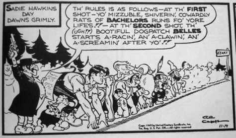 This original comic by Al Capp depicts the race on the first Sadie Hawkins Day.