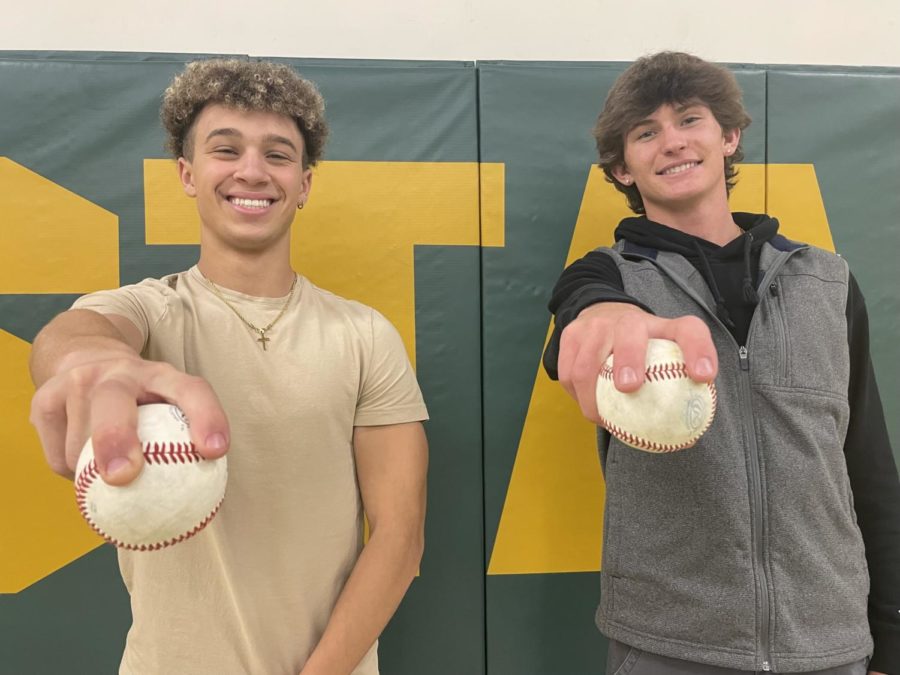 Tyler Maloney (12) and ANdrew Rhodes (12) both have played baseball for over 10 years and are excited for their senior season.