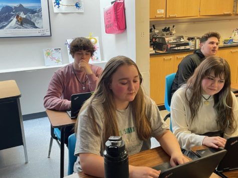 Kolten Wupper (10), Amy Stanciu (10) and Lana Kahtava (10) in their biology class using the Elevate program.