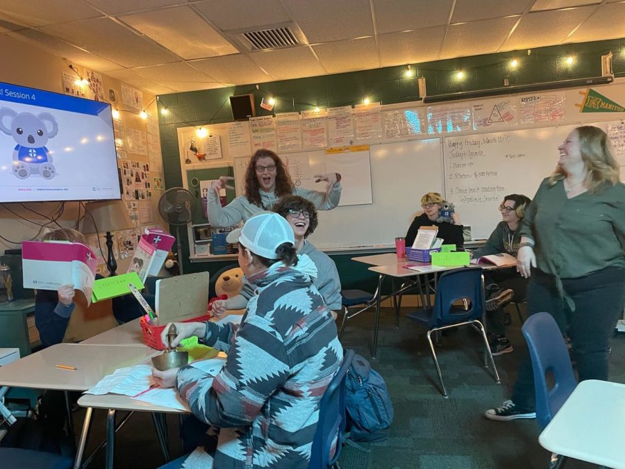 Jessica Moen ramps up the excitement for session four of Teen Mental Health First Aid during Advisory in her classroom. 