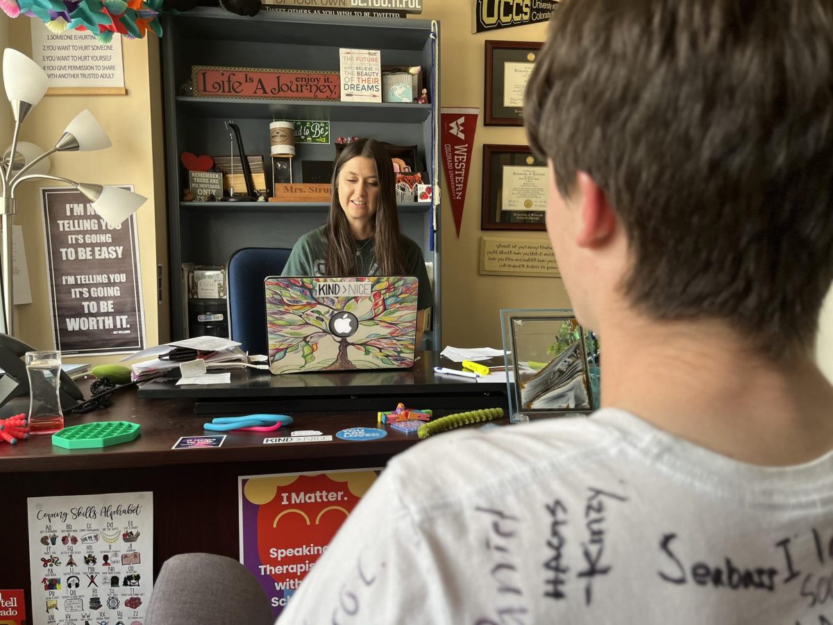Kyle Blasi (10) and Alisha Strupp, a councelor at MSHS, talk about Blasis schedule for next year on May 15. Many students were consistantly visiting their counselors to reorganize their schedules after the English, Yoga and Dance class changes were announced.
