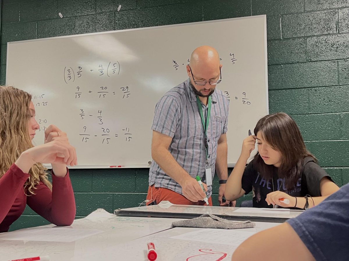 Nathaniel Owen helps freshman Marley Garcia with her math practice in his Algebra I class on Aug. 28. Owen began teaching at MSHS this school year and is excited to embrace the Manitou culture.