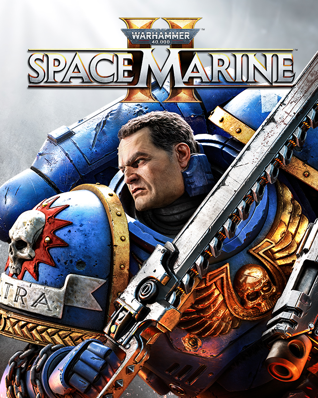 Lieutenant Titus charges into battle with Chain Sword and Bolter in hand to fight the aliens and the heretic on the cover of Space Marine 2.