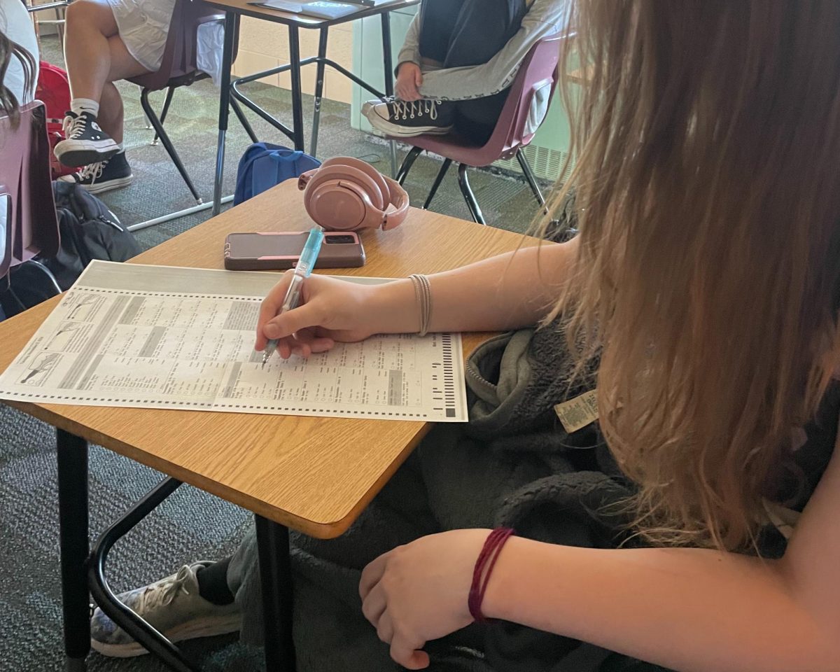 Azalia Quinn fills out a mock ballot. On Thursday, Oct. 24 AP Government students did a pretend election to experience what it’s like. “If you can get [students] enthused about voting at a young age, the chances are higher that they’re going to continue this process throughout their adulthood,“ Brian Brown, the AP Gov teacher said.