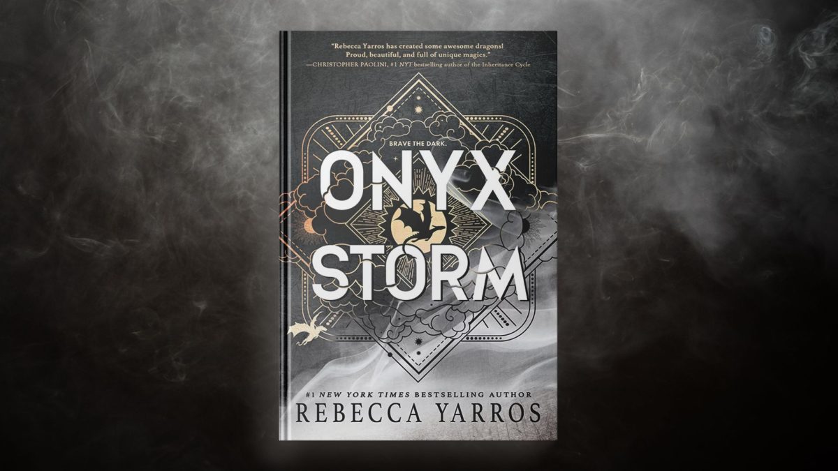 The book cover of Onyx Storm by Rebecca Yarros in front of smoke.