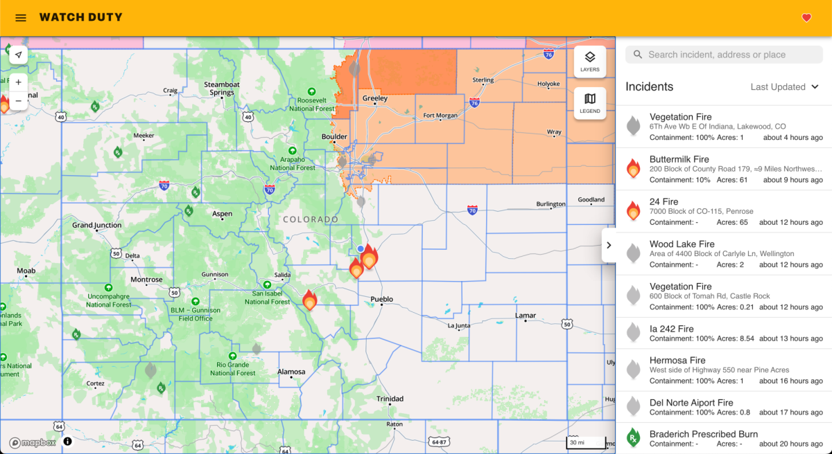 Screen shot of app.watchduty.org on  March 19. showing 3 active fires and several past fires. The map also shows areas of Colorado that are in high fire danger or a red flag warning. 
