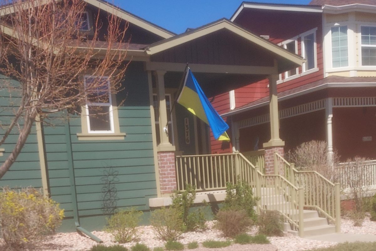 A flag of The Ukraine flying on the wall of a Colorado house. Many people across the state and America take their side with The Ukraine, and pronounce Russia the aggressor.